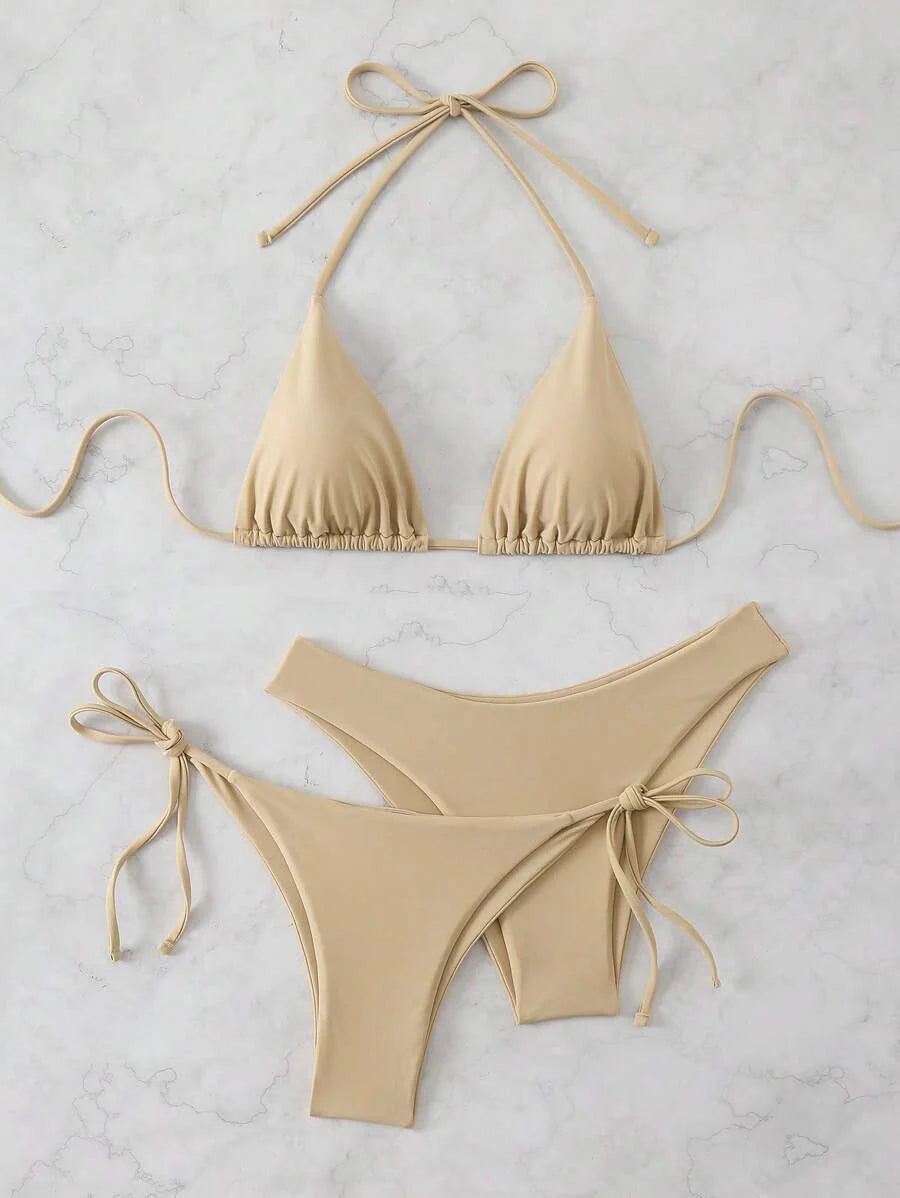 3 Parça Halter Üst + Üçgen Alt + Bağcıklı Şort Bikini Takımı