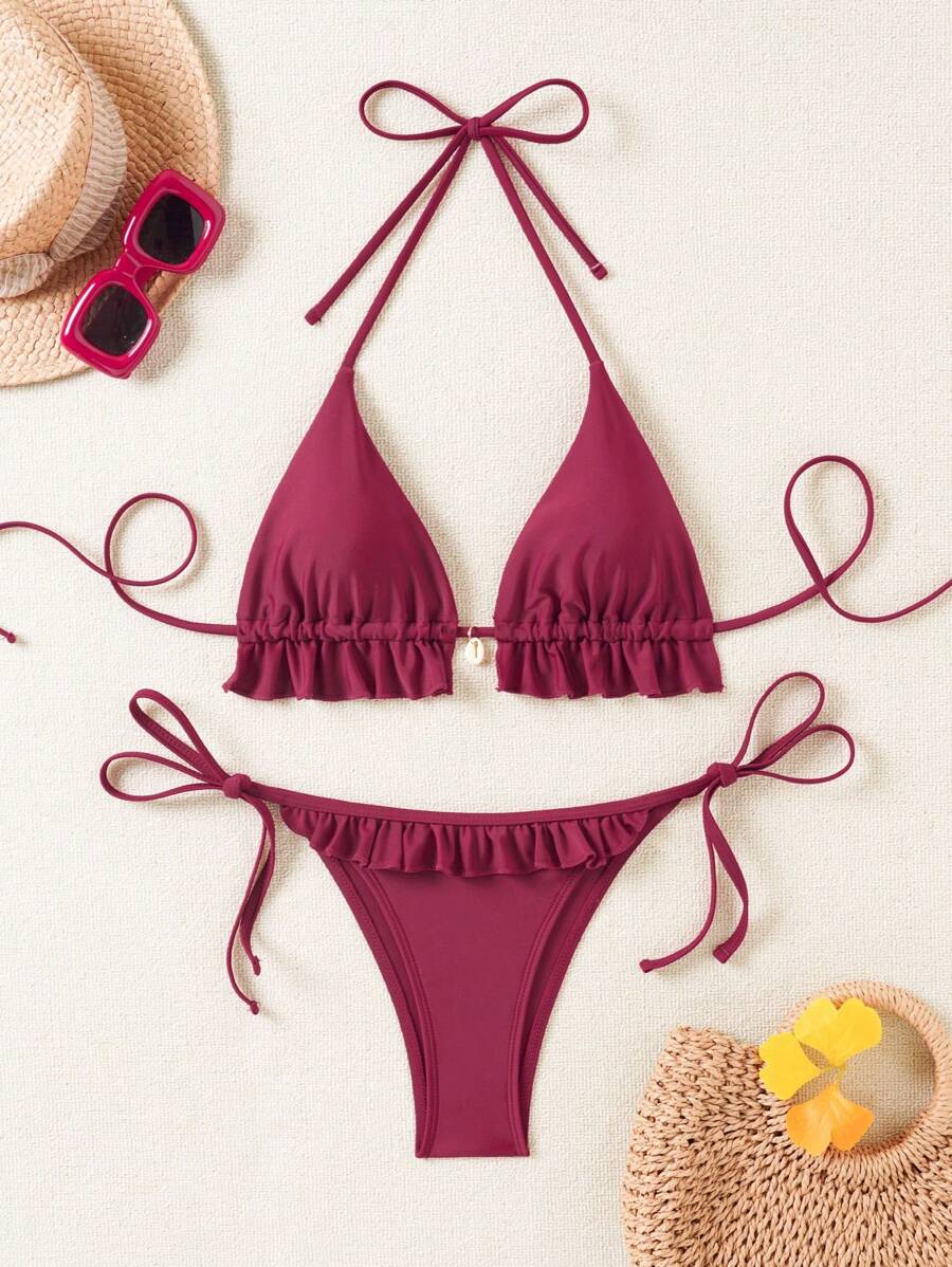 Fırfırlı Askılı Kırmızı Bikini Takımı
