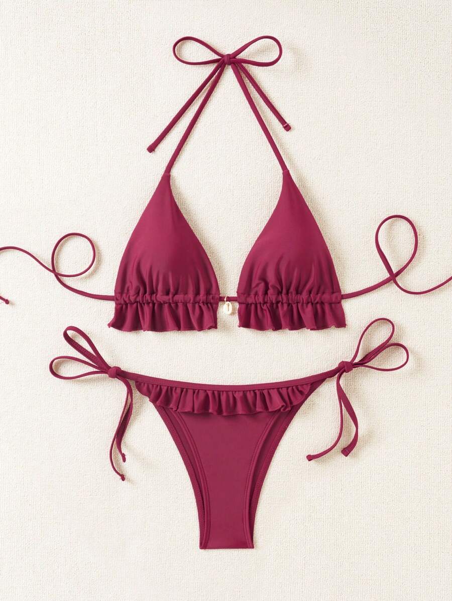 Fırfırlı Askılı Kırmızı Bikini Takımı