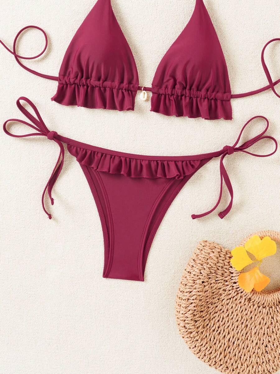 Fırfırlı Askılı Kırmızı Bikini Takımı