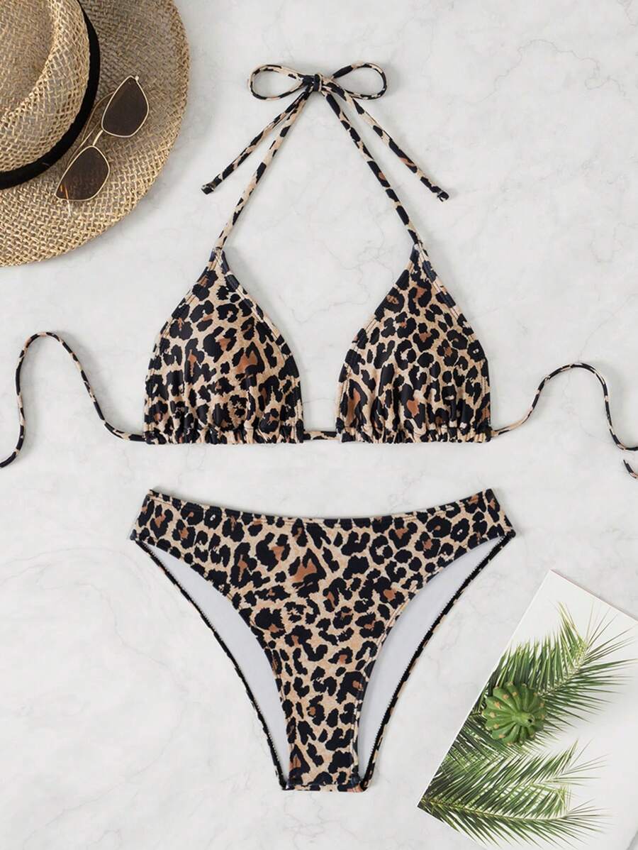Çiçek Desenli Halter Bağcıklı Bikini Takımı