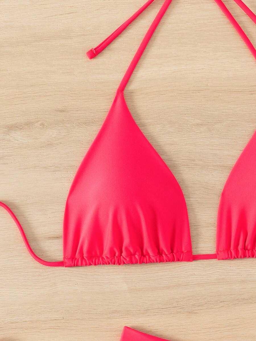3 Parça Halter Üst + Üçgen Alt + Bağcıklı Şort Bikini Takımı