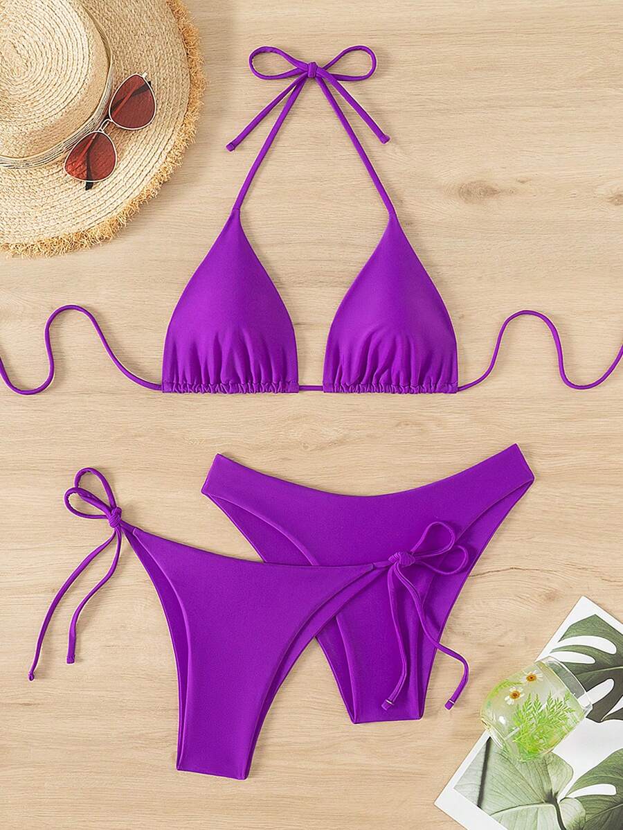 3 Parça Halter Üst + Üçgen Alt + Bağcıklı Şort Bikini Takımı