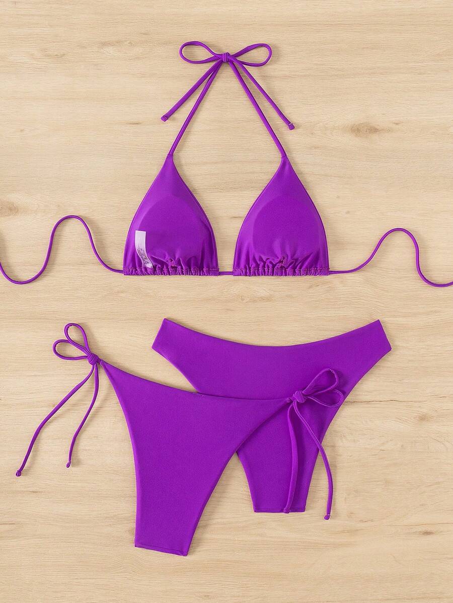 3 Parça Halter Üst + Üçgen Alt + Bağcıklı Şort Bikini Takımı