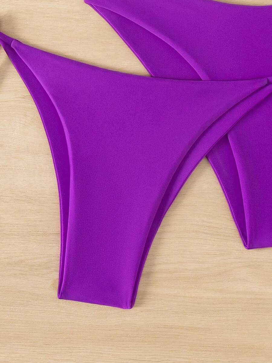 3 Parça Halter Üst + Üçgen Alt + Bağcıklı Şort Bikini Takımı