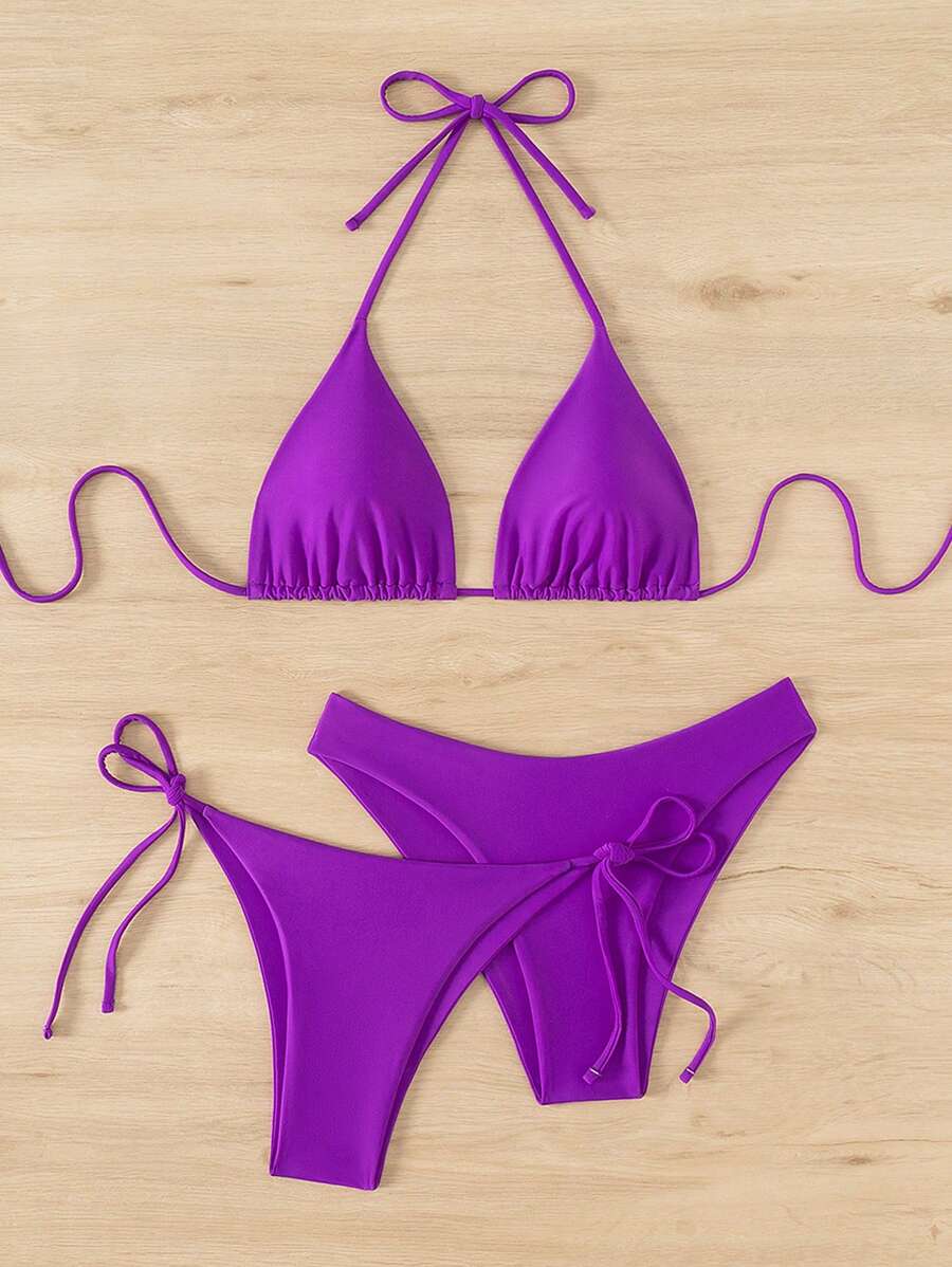 3 Parça Halter Üst + Üçgen Alt + Bağcıklı Şort Bikini Takımı