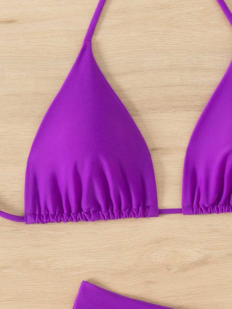 3 Parça Halter Üst + Üçgen Alt + Bağcıklı Şort Bikini Takımı