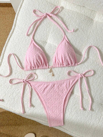 Jakarlı Metal Detaylı Askılı Bikini Takımı