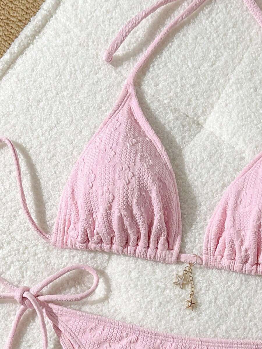 Jakarlı Metal Detaylı Askılı Bikini Takımı