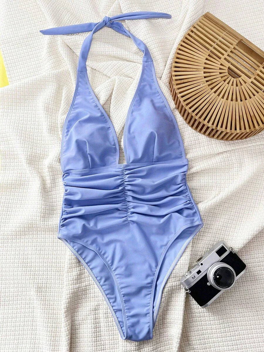 Halter Yaka Sade Tek Parça Mayo