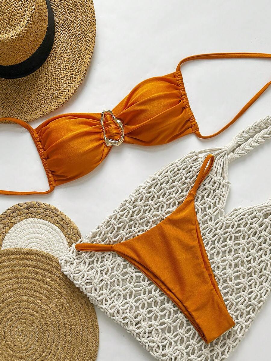 Pembe Straplez Bağcıklı Metal Detaylı Bikini Takımı