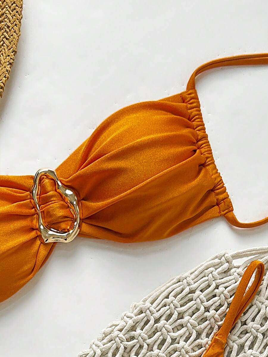Pembe Straplez Bağcıklı Metal Detaylı Bikini Takımı
