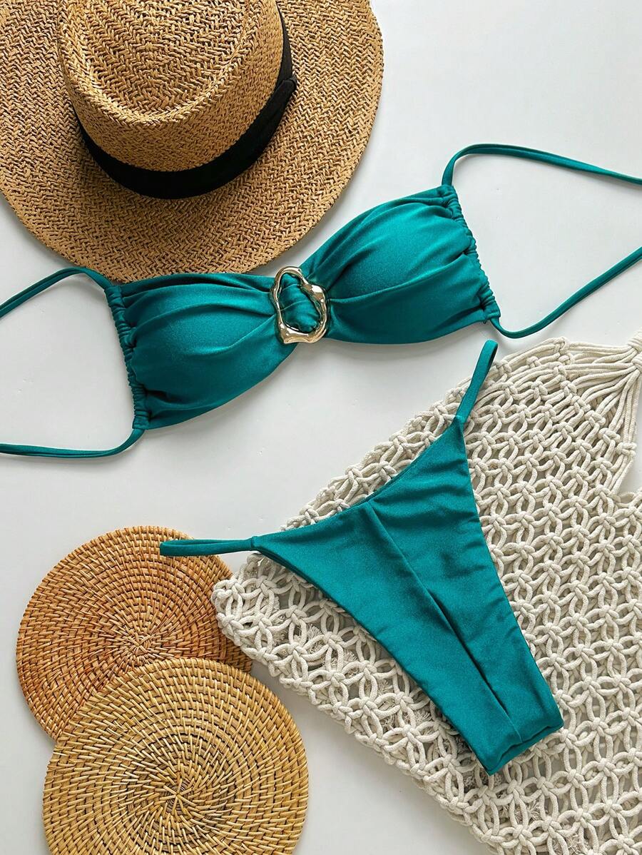 Pembe Straplez Bağcıklı Metal Detaylı Bikini Takımı