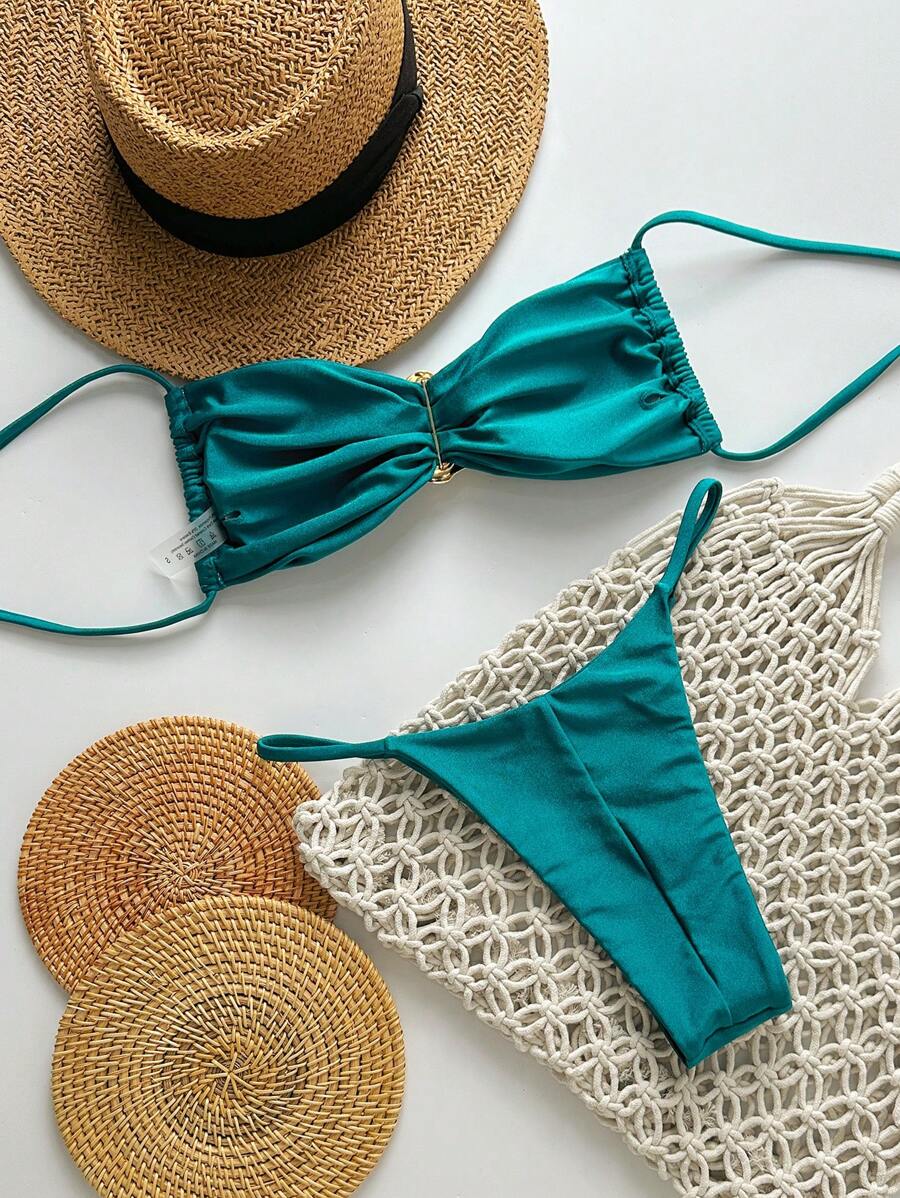 Pembe Straplez Bağcıklı Metal Detaylı Bikini Takımı