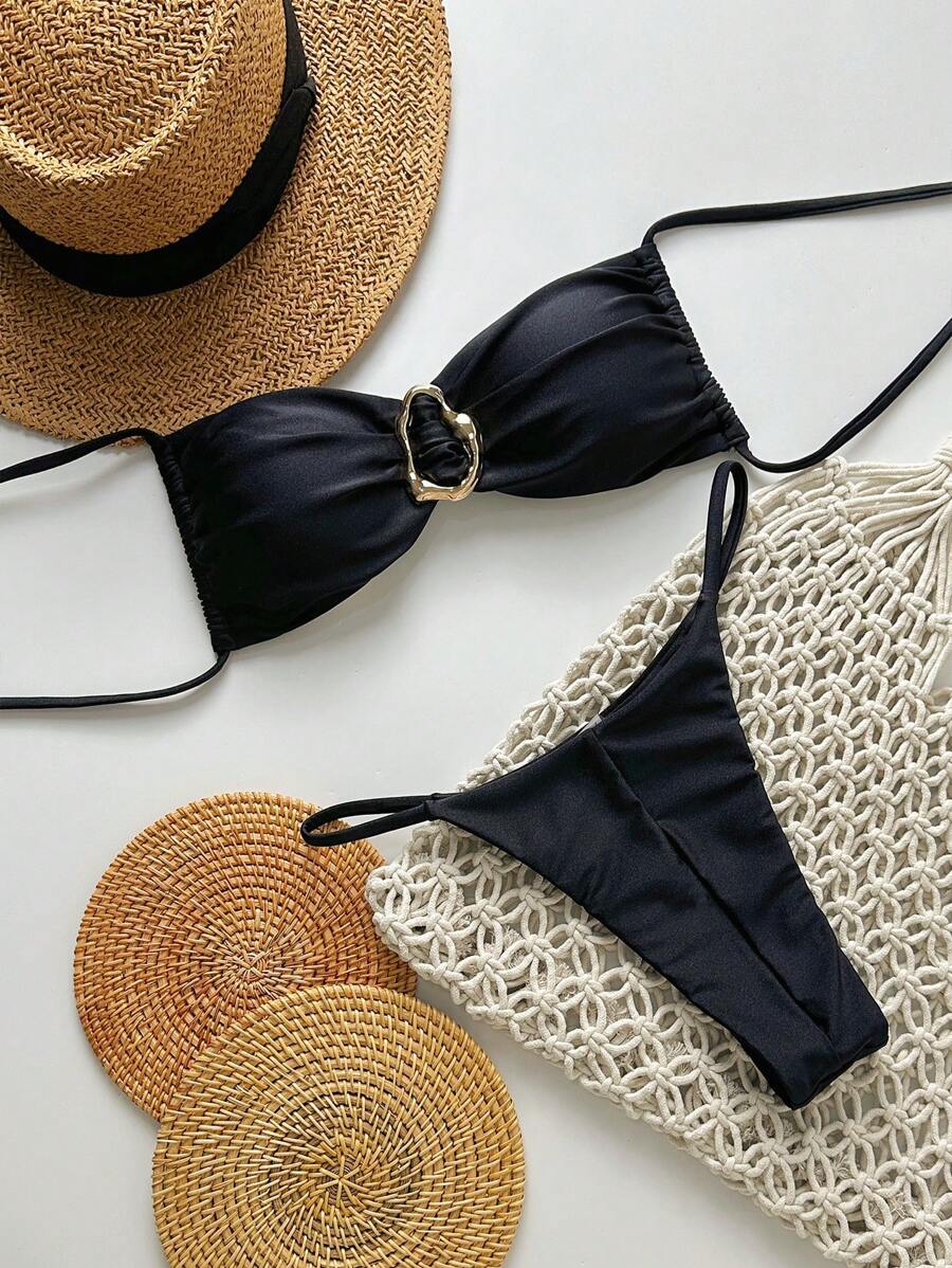 Pembe Straplez Bağcıklı Metal Detaylı Bikini Takımı