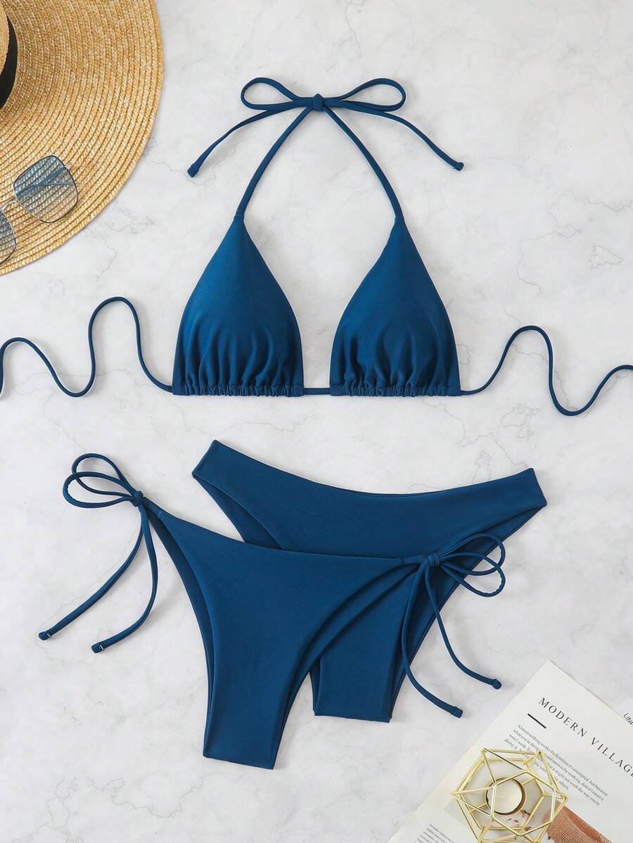 3 Parça Halter Üst + Üçgen Alt + Bağcıklı Şort Bikini Takımı
