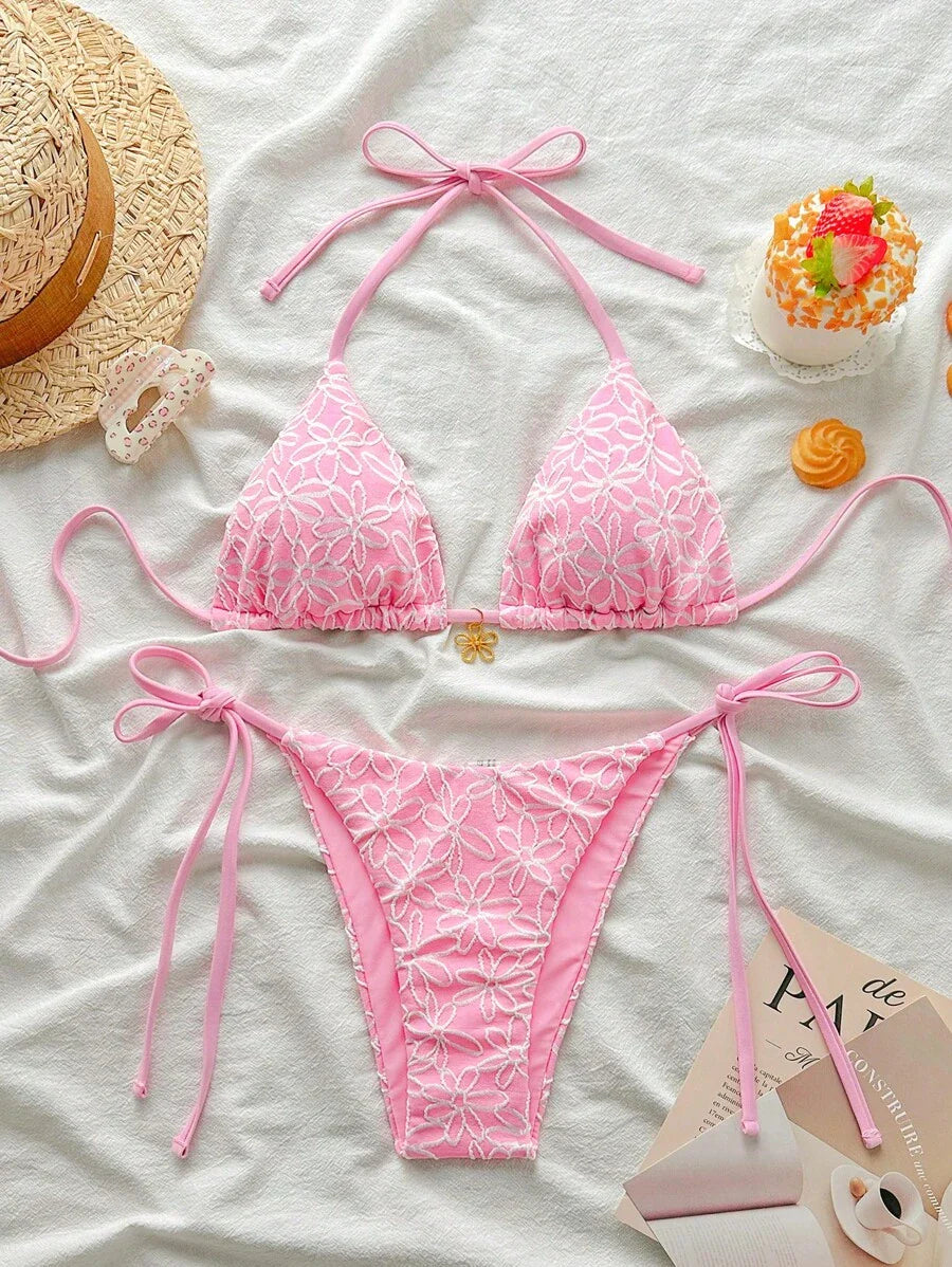 Çiçek Desenli Boyundan Bağlamalı Bikini Ve Bağcıklı Bikini Altı Takımı