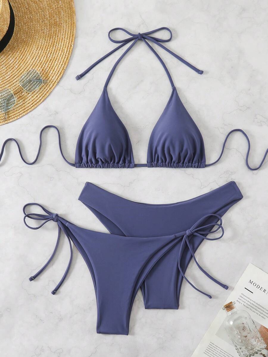 3 Parça Halter Üst + Üçgen Alt + Bağcıklı Şort Bikini Takımı