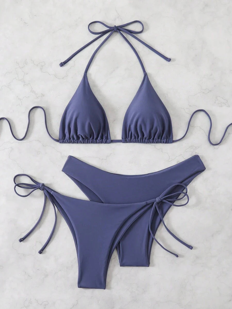 3 Parça Halter Üst + Üçgen Alt + Bağcıklı Şort Bikini Takımı