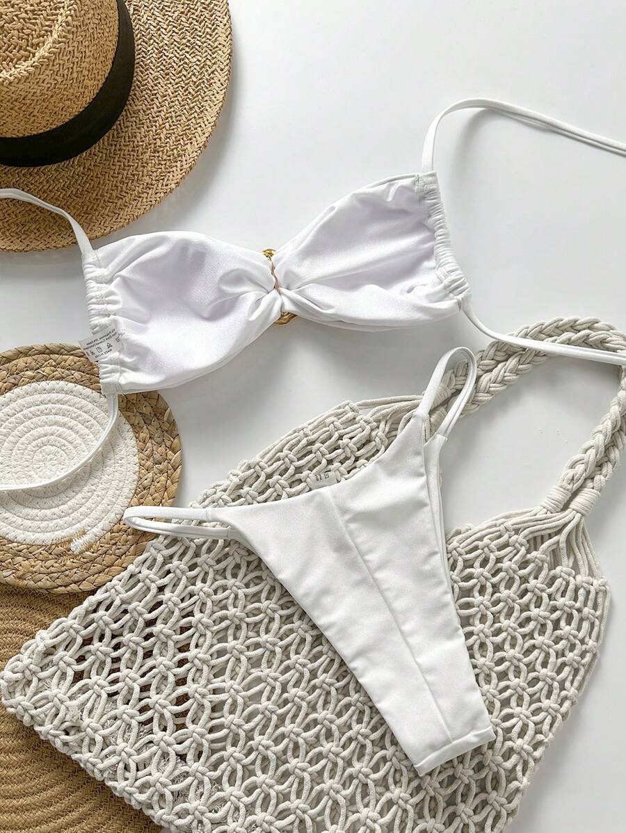 Pembe Straplez Bağcıklı Metal Detaylı Bikini Takımı