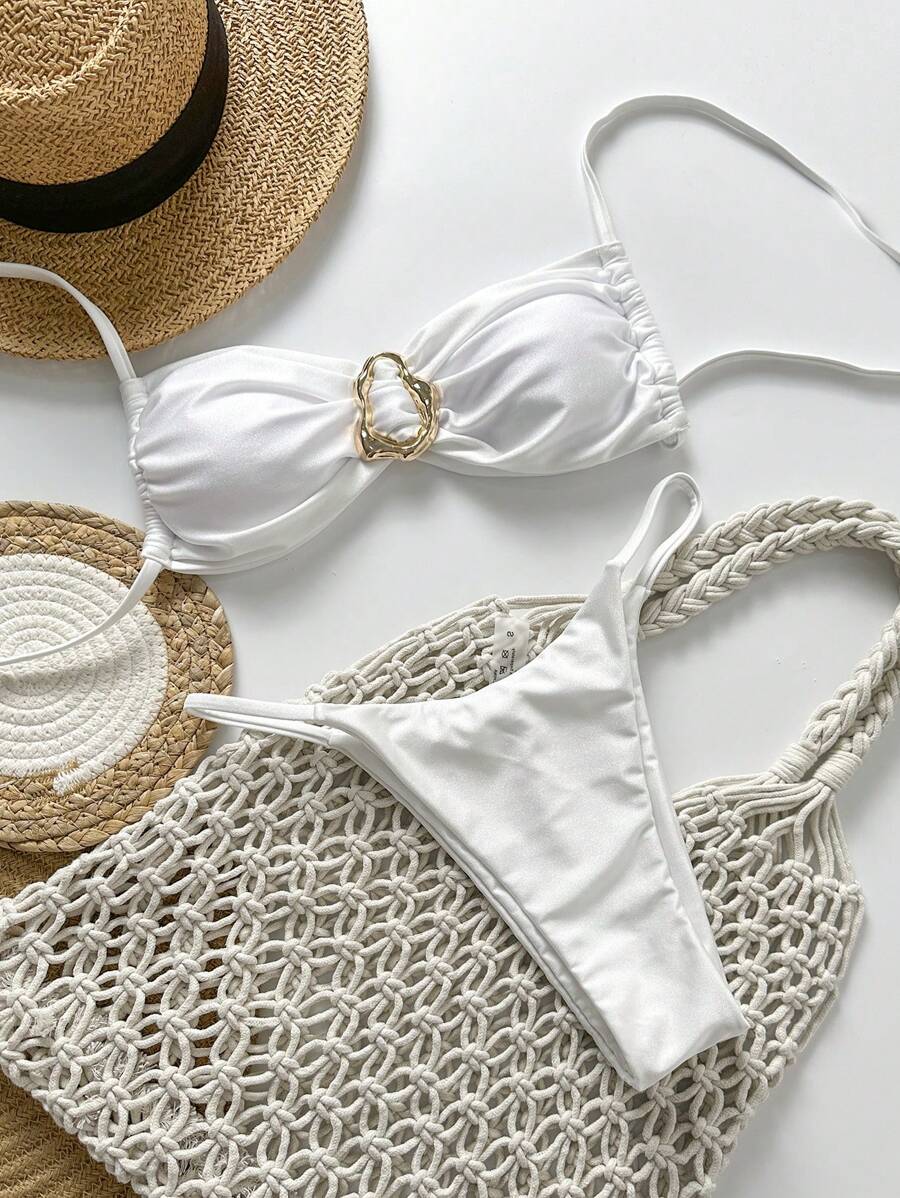 Pembe Straplez Bağcıklı Metal Detaylı Bikini Takımı