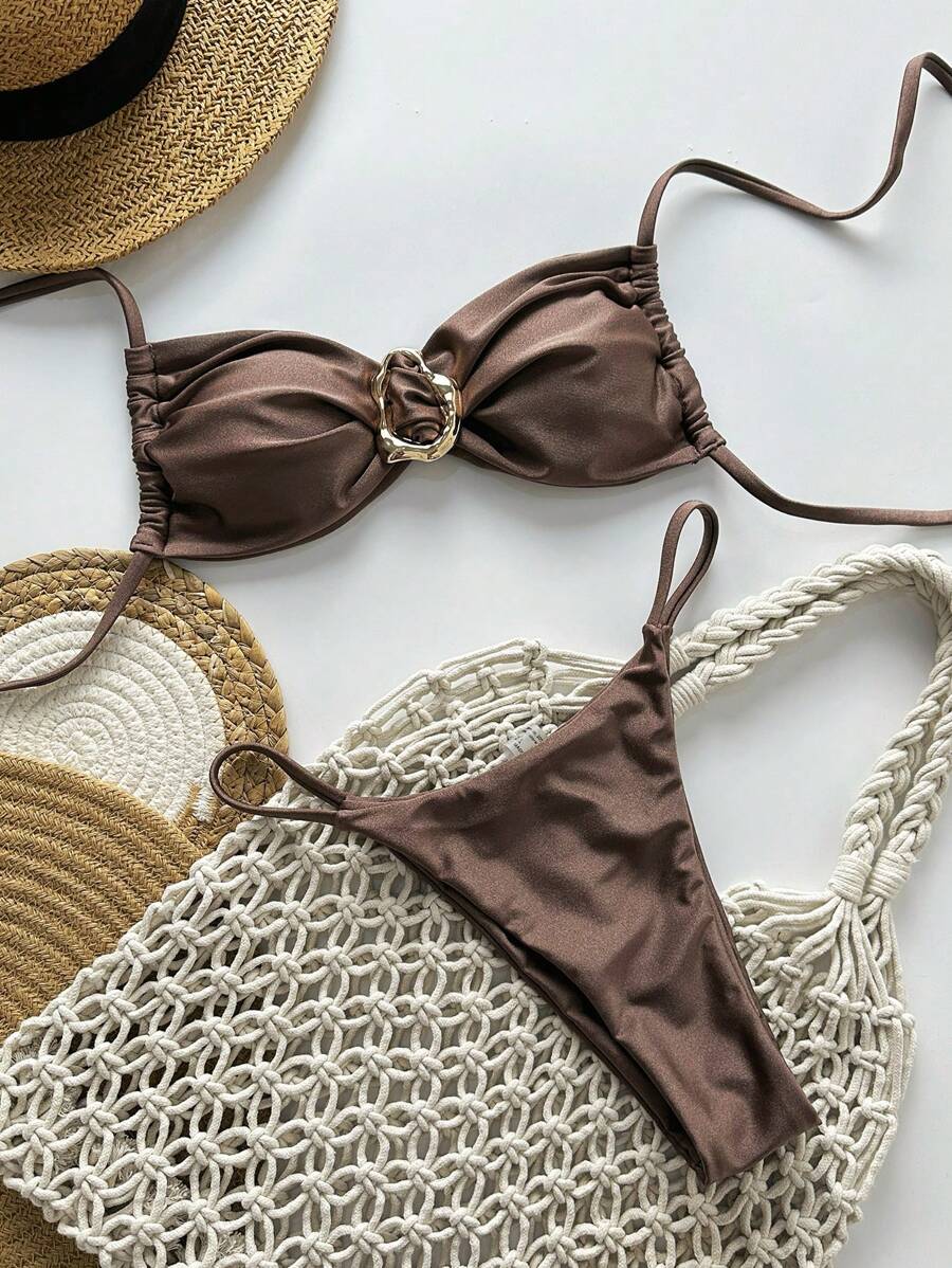 Pembe Straplez Bağcıklı Metal Detaylı Bikini Takımı