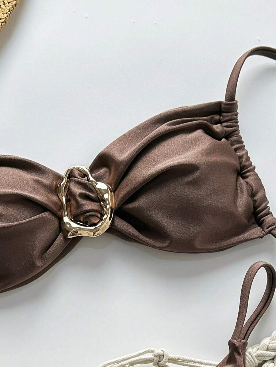 Pembe Straplez Bağcıklı Metal Detaylı Bikini Takımı