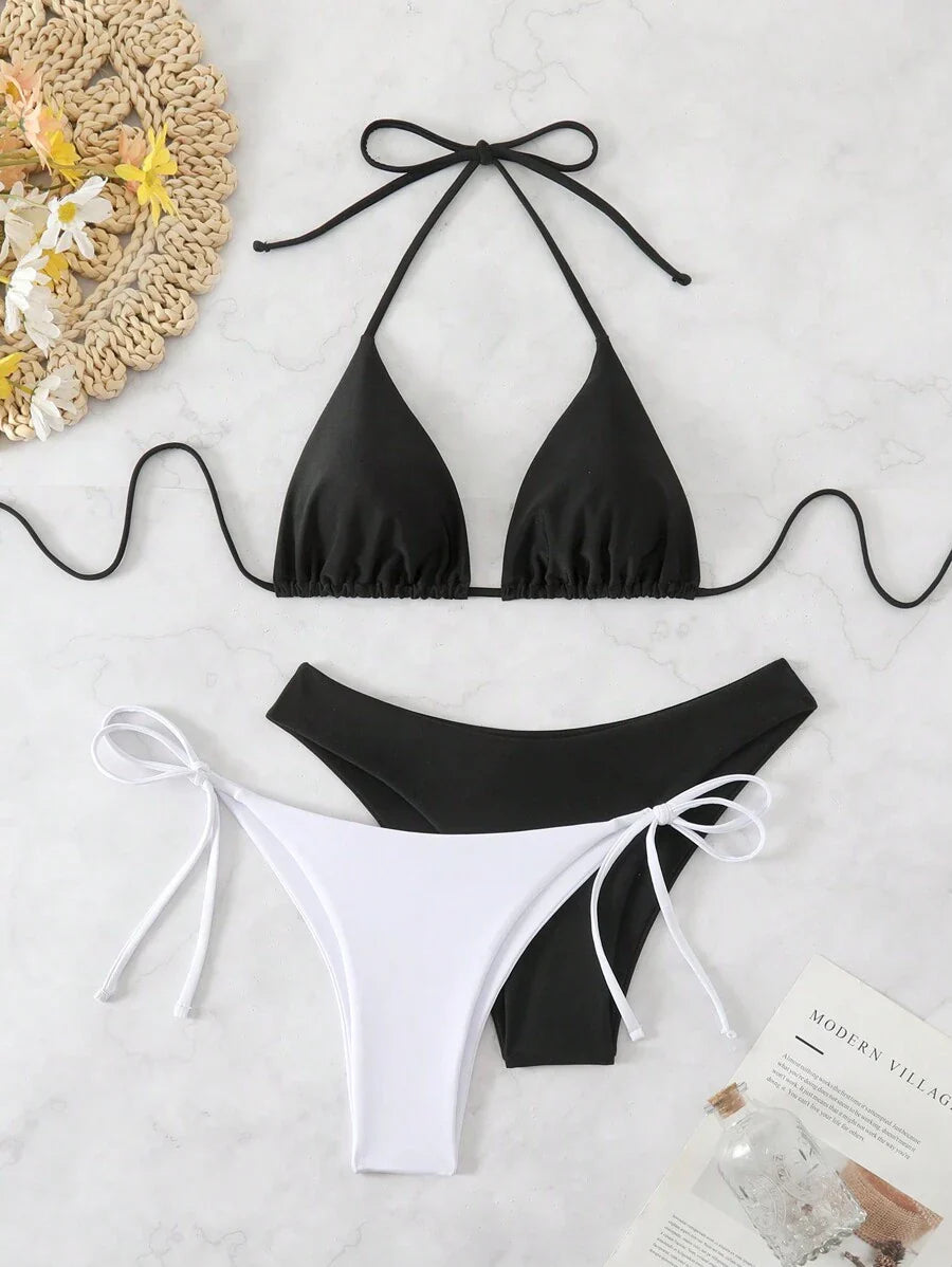 3 Parça Halter Üst + Üçgen Alt + Bağcıklı Şort Bikini Takımı