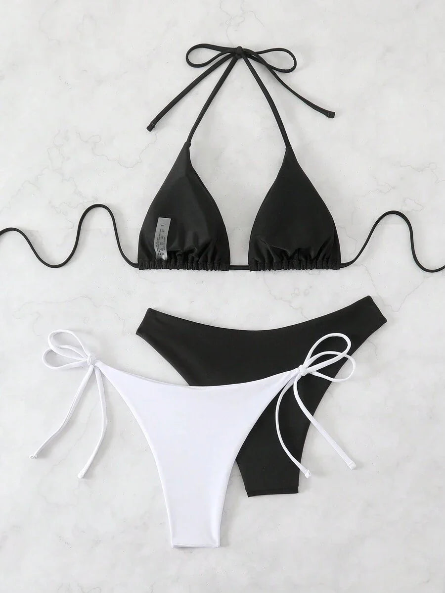3 Parça Halter Üst + Üçgen Alt + Bağcıklı Şort Bikini Takımı