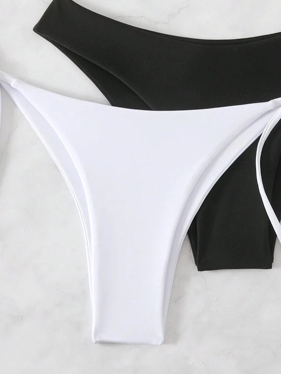 3 Parça Halter Üst + Üçgen Alt + Bağcıklı Şort Bikini Takımı