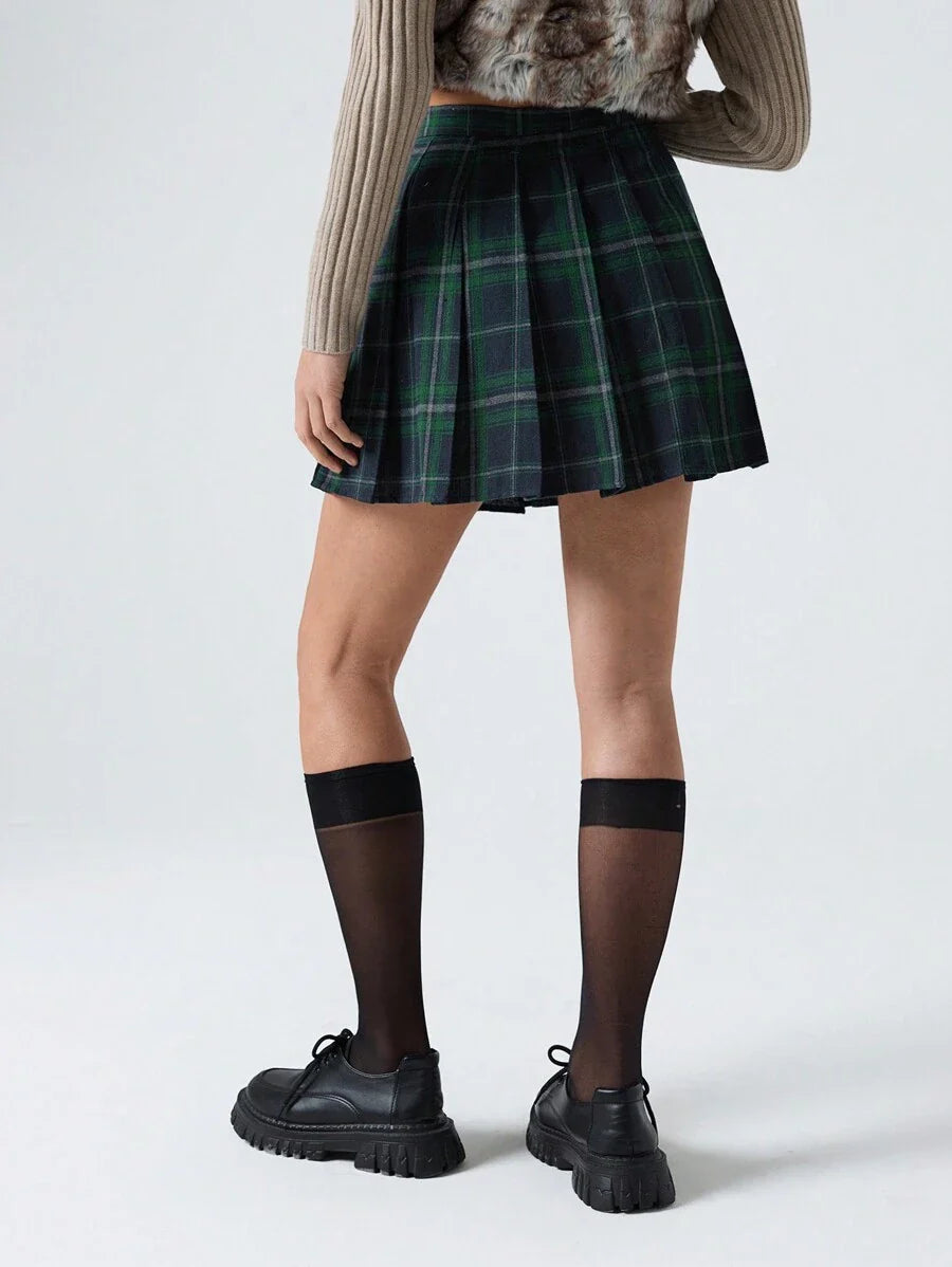Tartan Fermuarlı Preppy Etek