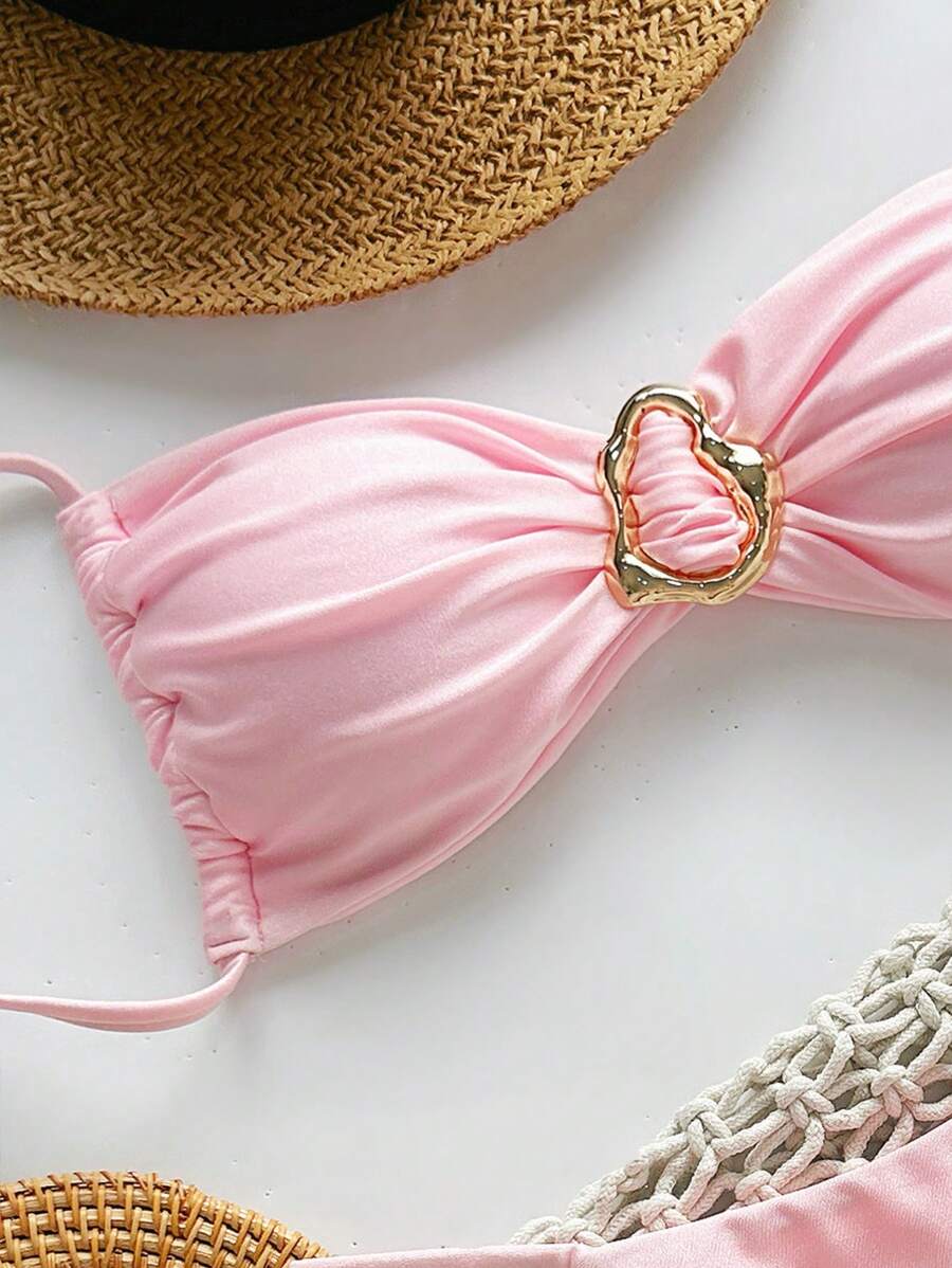 Pembe Straplez Bağcıklı Metal Detaylı Bikini Takımı