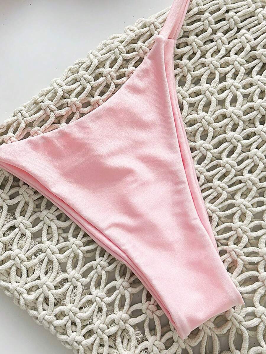 Pembe Straplez Bağcıklı Metal Detaylı Bikini Takımı