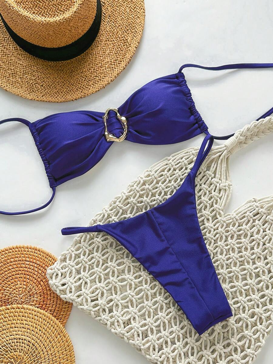 Pembe Straplez Bağcıklı Metal Detaylı Bikini Takımı
