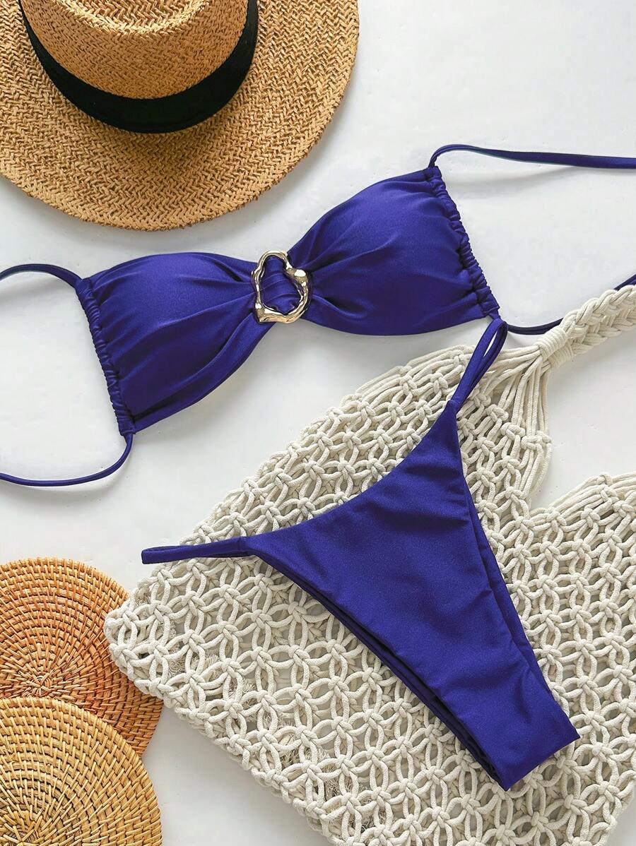 Pembe Straplez Bağcıklı Metal Detaylı Bikini Takımı