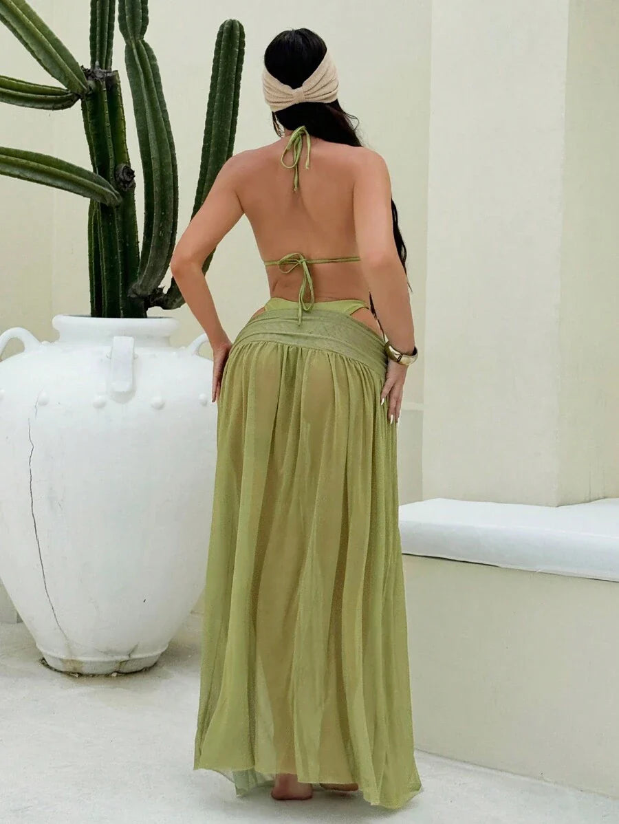Parlak Kumaş Boyundan Bağlamalı Bikini, Asimetrik Halka Detaylı Uzun File Plaj Elbisesi