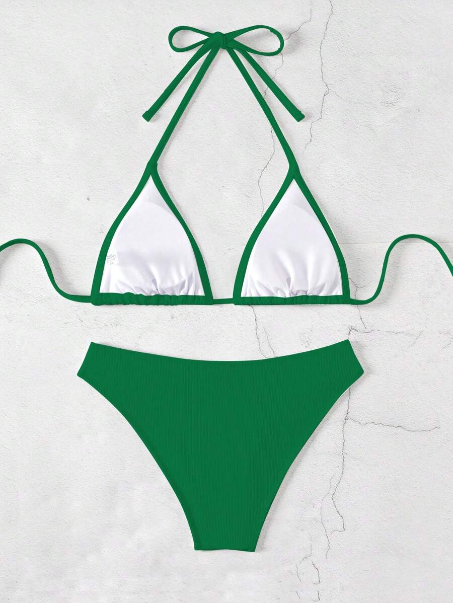 Çiçek Desenli Halter Bağcıklı Bikini Takımı