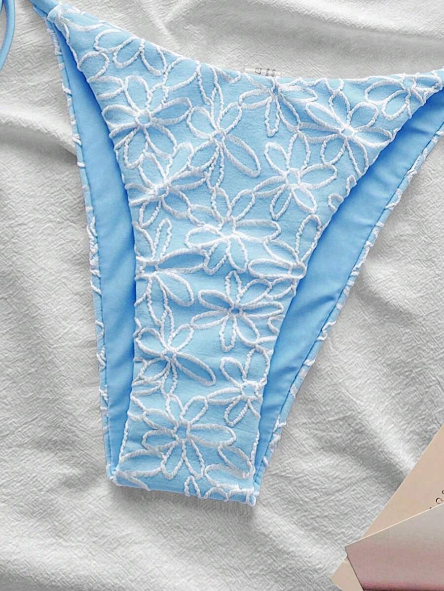 Çiçek Desenli Boyundan Bağlamalı Bikini Ve Bağcıklı Bikini Altı Takımı