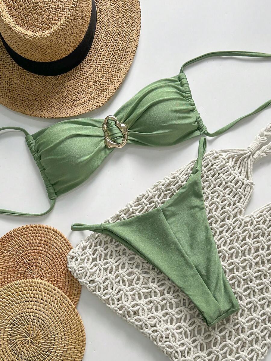 Pembe Straplez Bağcıklı Metal Detaylı Bikini Takımı