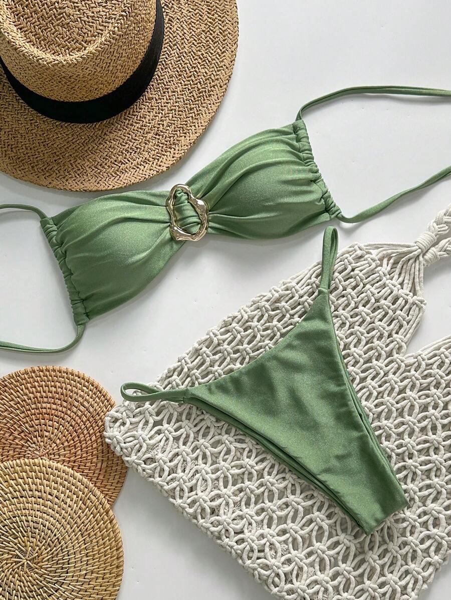 Pembe Straplez Bağcıklı Metal Detaylı Bikini Takımı