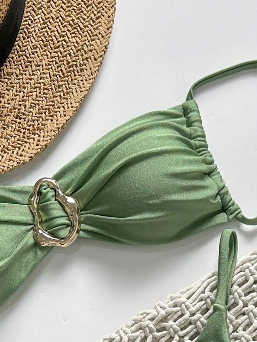 Pembe Straplez Bağcıklı Metal Detaylı Bikini Takımı