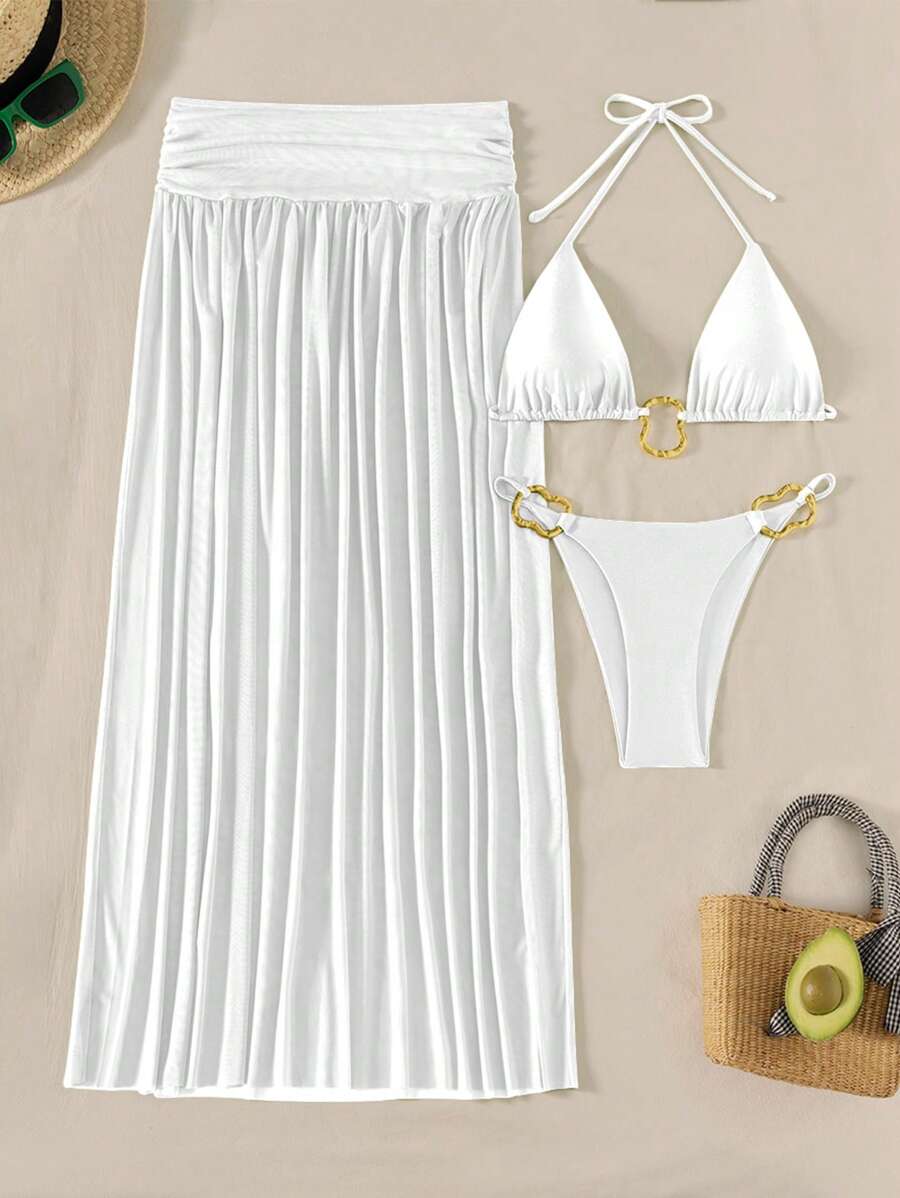 Parlak Kumaş Boyundan Bağlamalı Bikini, Asimetrik Halka Detaylı Uzun File Plaj Elbisesi