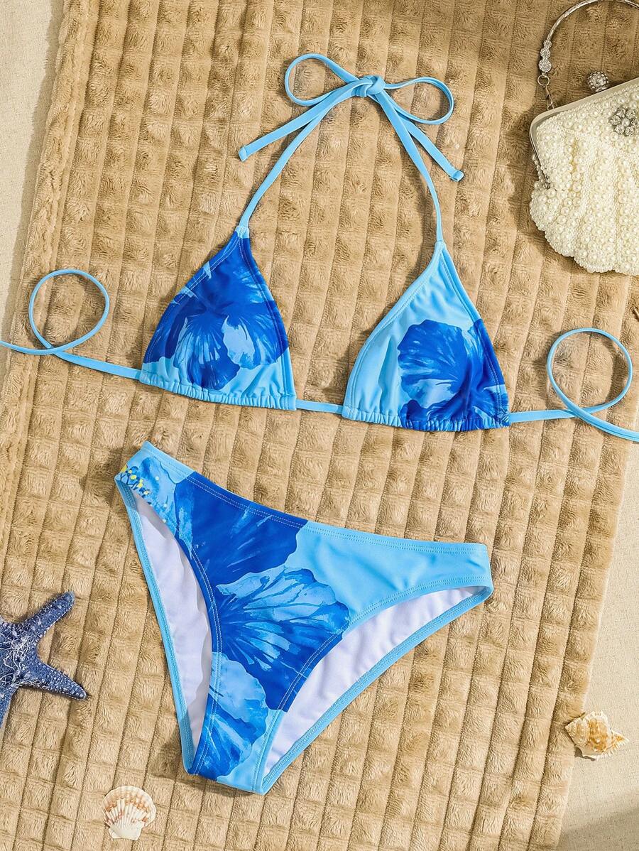 Çiçek Desenli Halter Bağcıklı Bikini Takımı