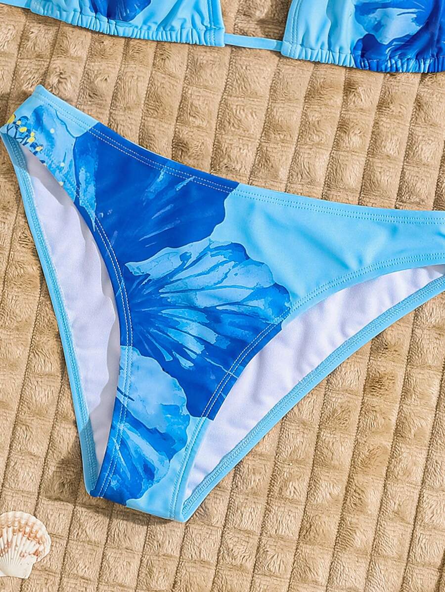Çiçek Desenli Halter Bağcıklı Bikini Takımı