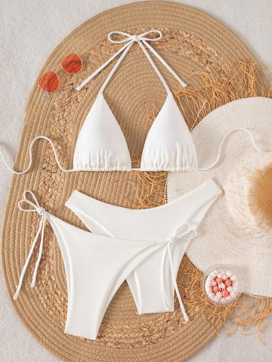 3 Parça Halter Üst + Üçgen Alt + Bağcıklı Şort Bikini Takımı