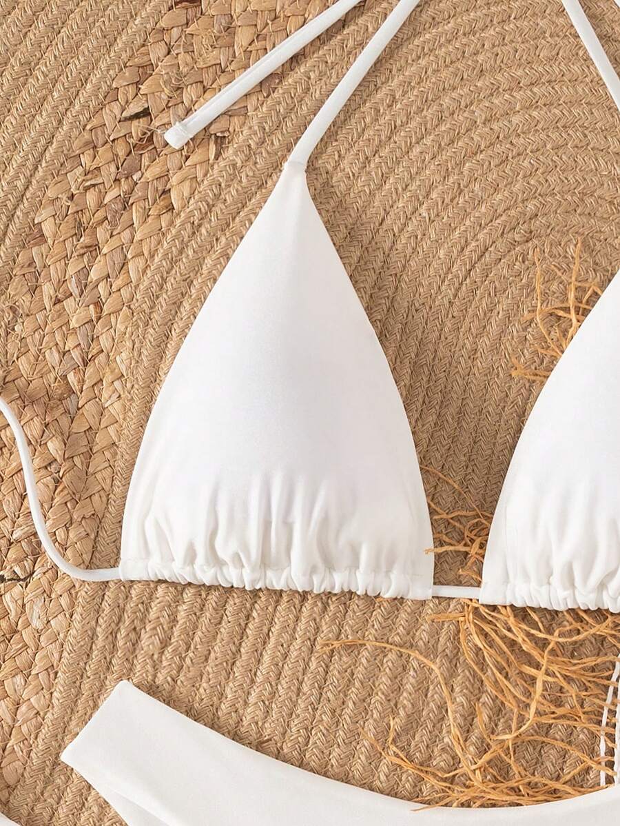 3 Parça Halter Üst + Üçgen Alt + Bağcıklı Şort Bikini Takımı