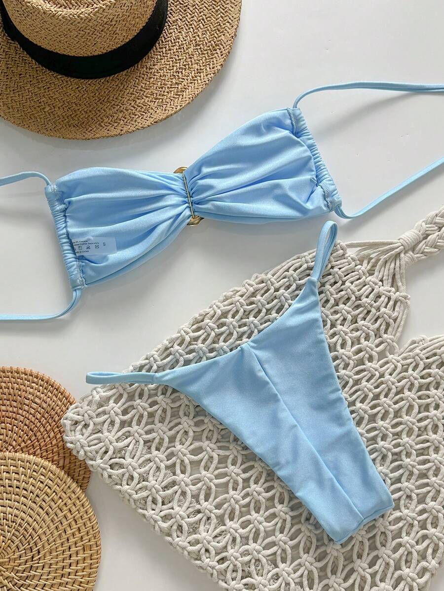 Pembe Straplez Bağcıklı Metal Detaylı Bikini Takımı