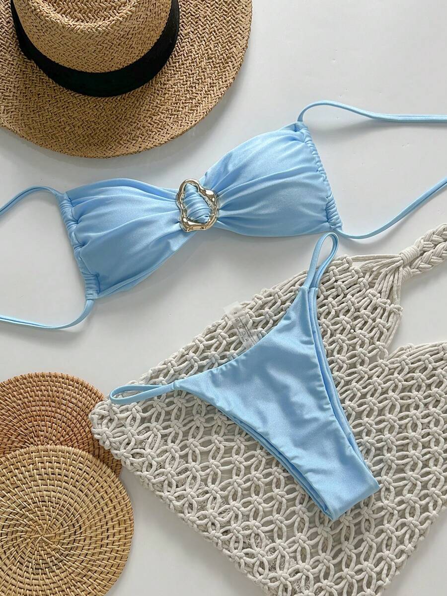 Pembe Straplez Bağcıklı Metal Detaylı Bikini Takımı