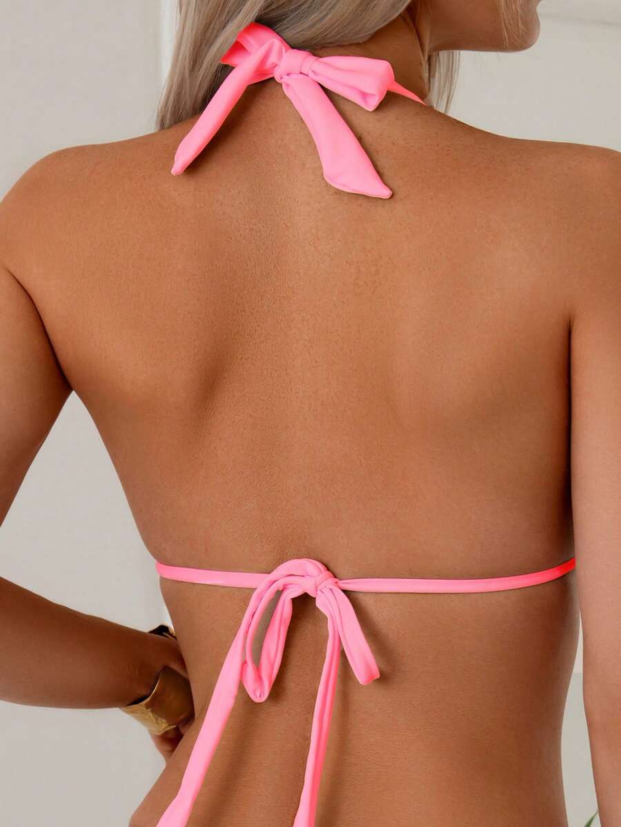 Düz Renk Halter Bağcıklı Bikini Takımı
