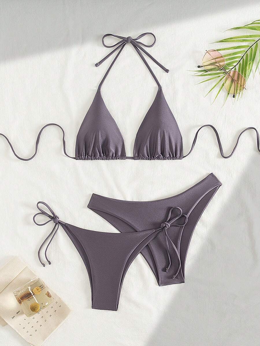 3 Parça Halter Üst + Üçgen Alt + Bağcıklı Şort Bikini Takımı